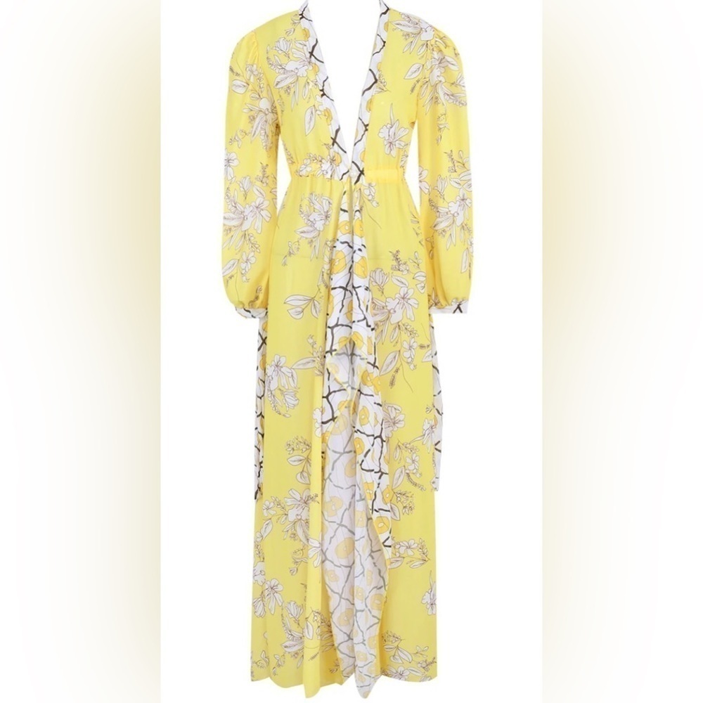 Elegant Bohemian Floral Tropical Print Long Sleeve Maxi Swimsuit Coverup Kimono - Picture 10 of 13